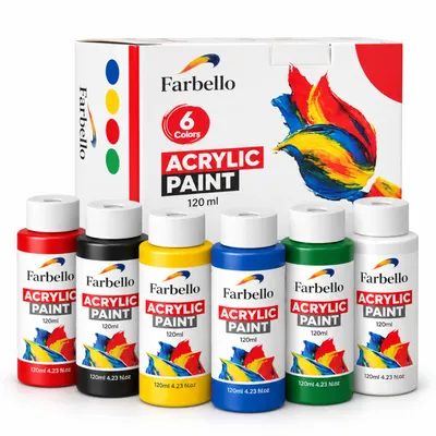 Produktbild von FARBELLO Acrylfarben Set 6x100 ml-Hochpigmentierte, wasserfeste Künstlerfarben für Leinwand, Holz, Stein, Papier, Metall–Leuchtende Malfarbe (6 Farbe)