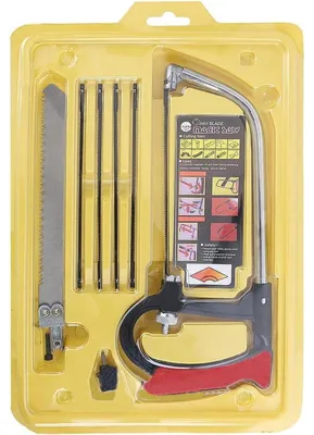 Produktbild von Bügelsäge Set mit 5 HSS Sägeblättern für Holz, Metall, Glas und Kunststoff