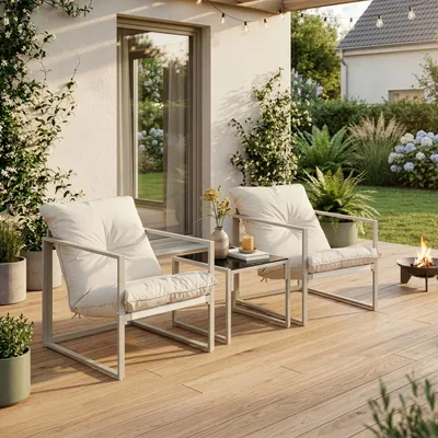 Produktbild von Loungeset 'Karg' 3-tlg. outdoor Couchtisch mit 2 Sesseln Kissen Metall Beige