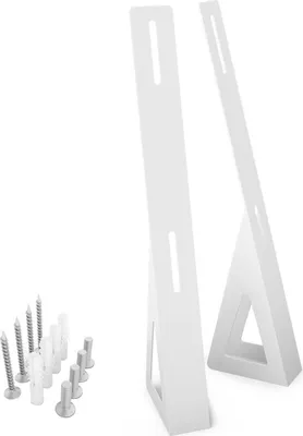 Two white metal stands and a collection of screws and wall plugs on a white background.