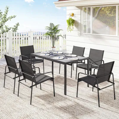 Produktbild von SUGIFT Gartenmöbel Set 7-teilig, Sitzgruppe mit 6 Mesh-Stühlen, Holzoptik Tisch Stahlrahmen, Schwarz | 150 x 80 x 74 cm | 26 kg | wetterfest