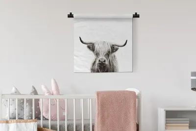 Produktbild von MuchoWow® Wandteppich Wandbehang Porträt Schottischer Highlander - Schottische Kuh - Schwarz und weiß 60x60 cm Tapisserie Dekoration Wandtuch - Dekorationen - Wand Decke
