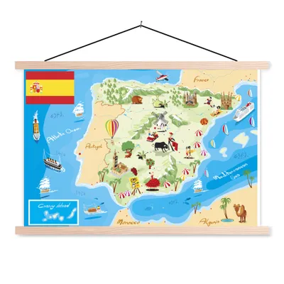 Obrázek produktu pro MuchoWow® Textilní plakát - Mapa Španělska s ilustracemi - 150x100cm - S hnědými lamelami