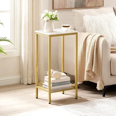 Produktbild von Hoher industrieller Beistelltisch mit verstellbaren Gitterablagen - Kleiner Eingangstisch 74 cm H für Flur, Wohnzimmer, Büro - Weiß und Gold DW03DH01