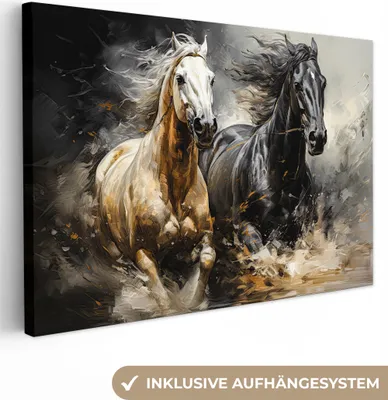 Produktbild von MuchoWow® - Leinwandbilder - Pferde - Schwarz - Weiß - Tiere, Wandbild, Wanddeko Bilder Wohnzimmer, 120x80 cm