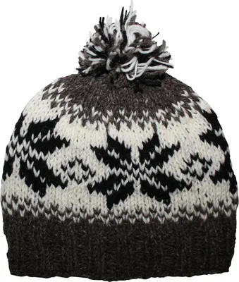 Produktbild von Wollmütze mit Bommel und Norwergermuster - weiß - schwarz - grau - warme Strickmütze - Bommelmütze