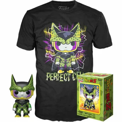 A black t-shirt with a graphic of Perfect Cell from Dragon Ball Z, a Funko Pop figure of Perfect Cell, and its packaging.