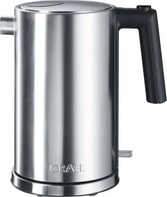 A studio shot of a stainless steel electric kettle.