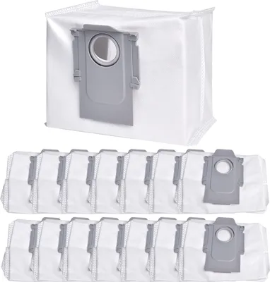 A set of disposable dust bags for a robot vacuum cleaner, with one bag shown prominently and a row of others below.