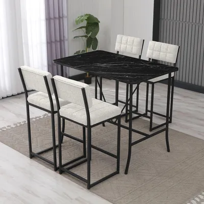 Produktbild von Skye Decor, Retro - Cream, Black, Bartisch- und Hocker-Set (5-teilig), Creme, 100% Leinen, 110 x 70 x 92 cm
