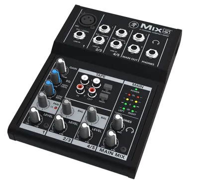 A Mackie Mix5 5-channel compact mixer shown from a diagonal angle on a white background.