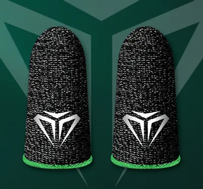 Two black finger sleeves with green trim and a white diamond-shaped logo are displayed against a dark green background with a geometric pattern.
