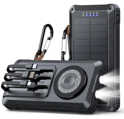 Image de Batterie externe solaire 20000mAh Linomag®, charge rapide 22,5W, compatible PD 20W, QC 3.0, charge sans fil magnétique 15W, 3 câbles intégrés, charge solaire, lampe torche LED, mousqueton, étanche à l'eau et à la poussière, noire