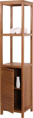 A tall, narrow wooden shelf unit with a cabinet at the bottom.