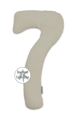 A beige pillow shaped like the number 7, with a circular logo on the left side.