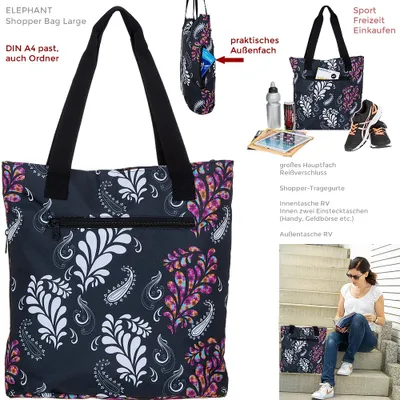 Produktbild von Handtasche Damen Shopper A4 Freizeittasche Elephant Bag Sporttasche Schwimmbad Tasche groß 3777 Black Paisley