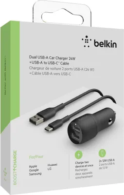 Zdjęcie produktu dla Ładowarka samochodowa Belkin Dual USB-A z kablem USB-C 1m 24W czarna