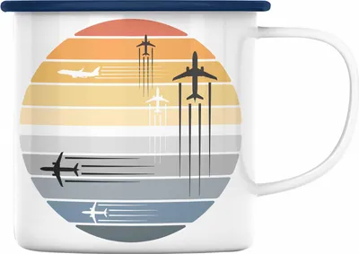Produktbild von Trendation - Pilot Geschenk Emaille Tasse Flugzeug Fliegen Geschenkidee Piloten Emaille Emaille Tasse Grafik (Blau)