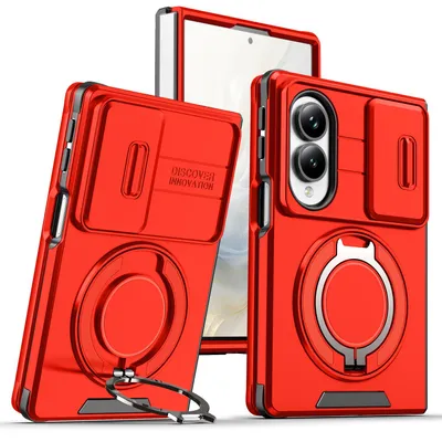 Produktbild von Handyhülle für Samsung Galaxy Z Fold 8 Dual-Layer Stoßfest Militär Hülle mit Dia Kameraschutz, Magnetisch Ring Ständer Rot