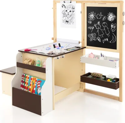 Produktbild von GOPLUS Kinderkunsttisch mit Sitzbank, Multifunktionaler Kindersitzgruppe mit höhenverstellbarer Staffelei & mehrer Stauraum, Kindermöbel Set für Kinder ab 3 Jahren zum malen, spielen & essen (Kaffee)