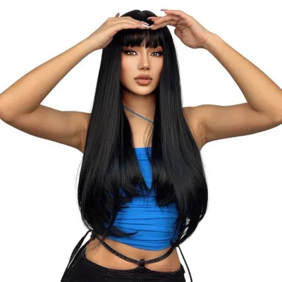 Produktbild von Perücke Lang Gerade Mit Fringe Synthetisch Schwarz 26 Zoll