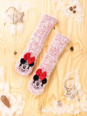 Produktbild von Disney Minnie Mouse Hüttensocken - Haussocken mit Schleife und Sherpa Futter für Damen Kuschelsocken Flauschige Wintersocken warme Frauen Socken OneSize Rot, Größe:38-43