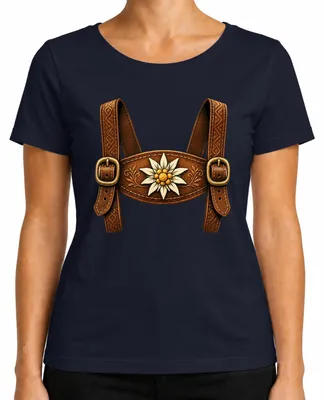 Zdjęcie produktu dla Spodnie Lederhosen, tradycyjny strój Edelweiß, , koszulka z motywem tradycyjnym, sukienka Dirndl, damski t-shirt, kolor granatowy, rozmiar XL