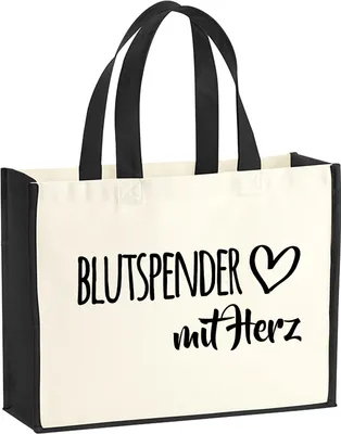 Produktbild von Huuraa Jutetasche Blutspender mit Herz 21 Liter Black Jute und Baumwolle Einkaufstasche Geschenkidee