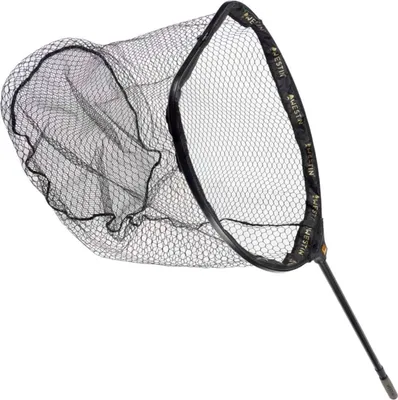 A black fishing net with a handle, isolated on a white background.