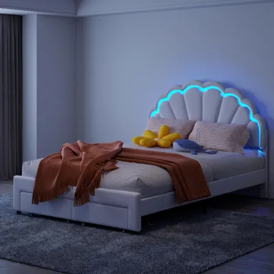 Produktbild von INONEFT Kinderbett 140x200 cm mit LED & 2 Schubladen, Jugendbett Bett mit Stauraum & Blumen-Kopfteil, Polsterbett Bettgestell mit Lattenrost,Samt,Weiß