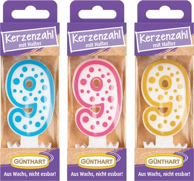 Zdjęcie produktu dla Günthart świeczka woskowa nr 9 świeczka urodzinowa 1 sztuka różne kolory
