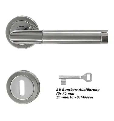 A set of door hardware including a handle, a keyhole escutcheon, and a key.