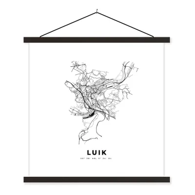 Produktbild von MuchoWow® Textilposter Karte - Stadtplan - Lüttich - Belgien - Schwarz und weiß 120x120 cm mit schwarzem Rahmen - Aufhängungsset