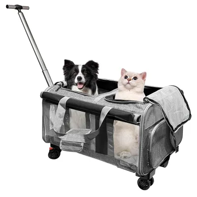 Transporttasche für 2 Katzen/Hunde, 2 Fächer, 4 Räder, bis 20 kg, grau
