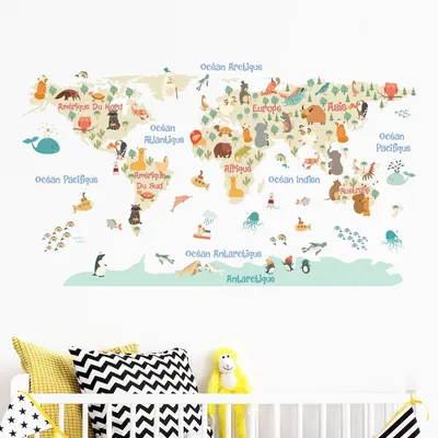 Productafbeelding van Sticker voor kinderen | Muurstickers wereldkaart – Wanddecoratie kinderkamer | 60 stuks