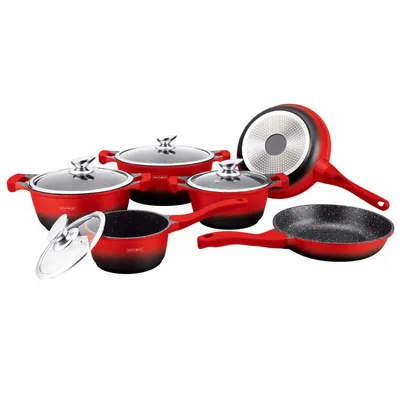 Produktbild von Royalty Line Rl-Bs1010M: 10 Stück keramisch beschichtete Pfannen Set Rot/Schwarz