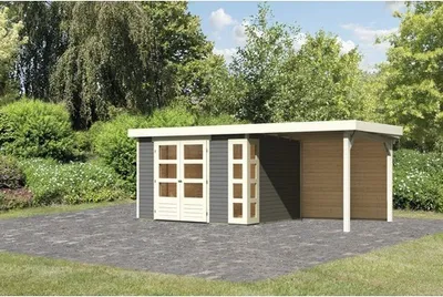 Produktbild von Gartenhaus Karibu Naomi 5 inkl. Anbaudach 2,4 m, Rückwand 554 x 262 cm terragrau