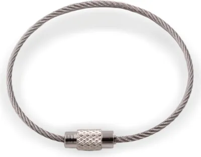 Produktbild von Drahtseil-Stahlband Ø1,5mm mit Schraubverschluss (Schlüsselring / Schlüsselbund / Musterteilbund), Ø50 mm | Länge 150mm