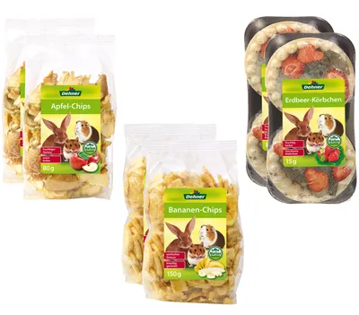 Produktbild von Dehner Lieblinge Nagersnack, Nagerfutter 100 % natürlich, Obst Mix, je 2 x Apfel-Chips (160 g), Bananen-Chips (300 g) und Erdbeer-Körbchen (30 g) (490 g)