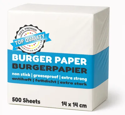 Produktbild von ► 500 Blatt ◄ Rechteckiges Burgerpapier, Backpapier, Patty-Papier für Hamburger, Fleischbällchen, Burger, zum Pressen, Grillen, mit Antihaftbeschichtung, 14 x 14 cm