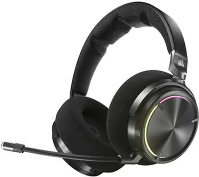 A black gaming headset with a microphone is shown against a white background.