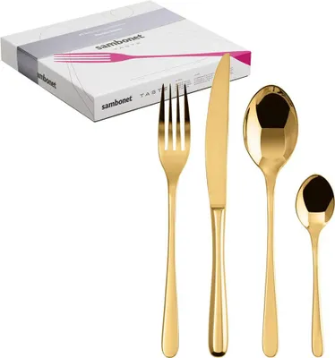 A set of gold cutlery and its packaging.
