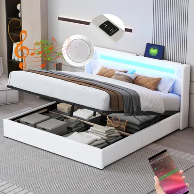 A white upholstered bed with LED lighting and storage is shown with a phone displaying an app.