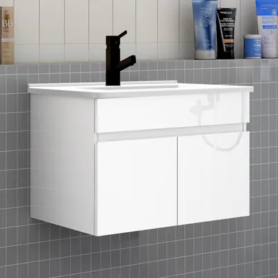 Produktbild von Badmöbel HUTI-Serie 60cm Hochglanz Weiß Dünn Keramik Waschtisch mit Unterschrank Hängeschrank Badezimmermöbel mit 2 Türen