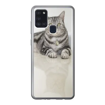 Produktbild von MuchoWow® Handyhülle Schutzhülle Hülle für Samsung Galaxy A21s Katze - Grau - Tier - Mädchen - Kinder - Jungen - Kind Silikon Softcase Handy Hülle - Hartschale