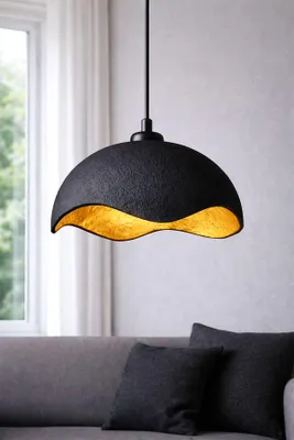 Produktbild von Opviq, Elegante Pendelleuchte aus Carbonbeton, Schwarz und Gold, Höhenverstellbar 18-58 cm, Ø30 cm, E27 Fassung, Max 40 W, IP20 | Modernes Design für stilvolle Räume.