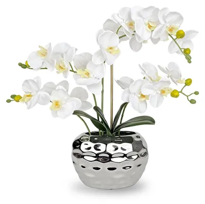 Obrázok produktu pre Omgoods – Umelá orchidea v črepníku, biela Phalaenopsis, 48 cm, vhodná na dekoráciu interiéru