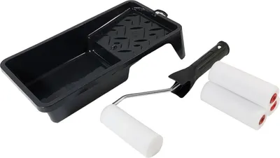 Produktbild von Profi Lackierset 4x Schaumwalze Farbroller 10cm Lackroller + Farbschale Lackwanne Farbwanne