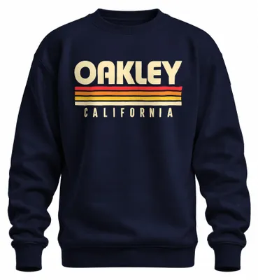 Immagine prodotto di Felpa con cappuccio stile vintage "Oakley California", motivo a righe ispirato al tramonto, anni '70, stile americano, ideale per la spiaggia, colore blu navy, taglia L