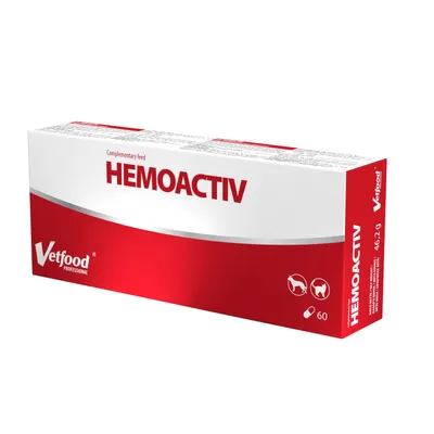 Produktbild von Vetfood HEMOActiv 60 Kapseln – Ergänzungsfuttermittel für Hunde und Katzen – mit Eisen, L-Carnitin, L-Arginin, Vitamin C und B-Vitaminen